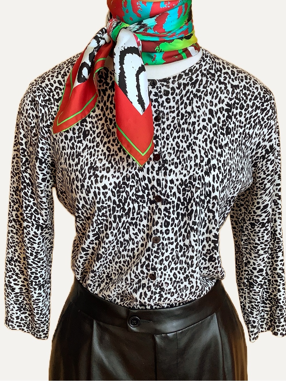 August Silk Snow Leopard Animal Print Cardigan Sweater Black Cream L